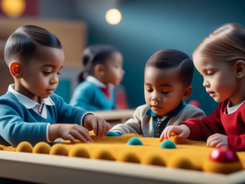 Grupo de niños diversos disfrutando de juegos táctiles en una mesa sensorial, explorando texturas y formas