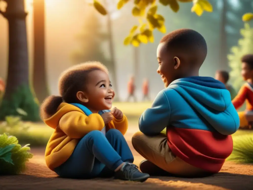 Un grupo de niños diversos jugando juntos en un parque vibrante, mostrando camaradería y alegría