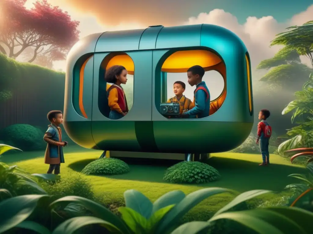 Un grupo de niños diversos juega alrededor de una misteriosa máquina futurista en un jardín exuberante y sobrecargado