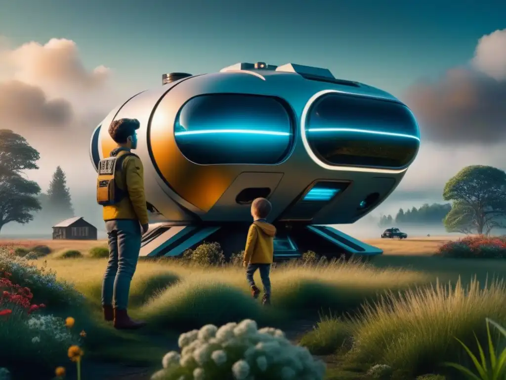 Un grupo de niños juega alrededor de una misteriosa máquina futurista en un entorno rural, transmitiendo nostalgia y aventura