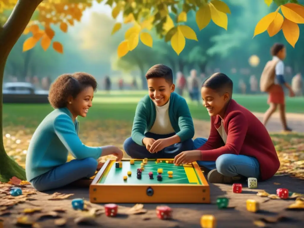 Grupo de niños de diversos orígenes disfrutando de juegos de mesa portátiles bajo un árbol en el parque