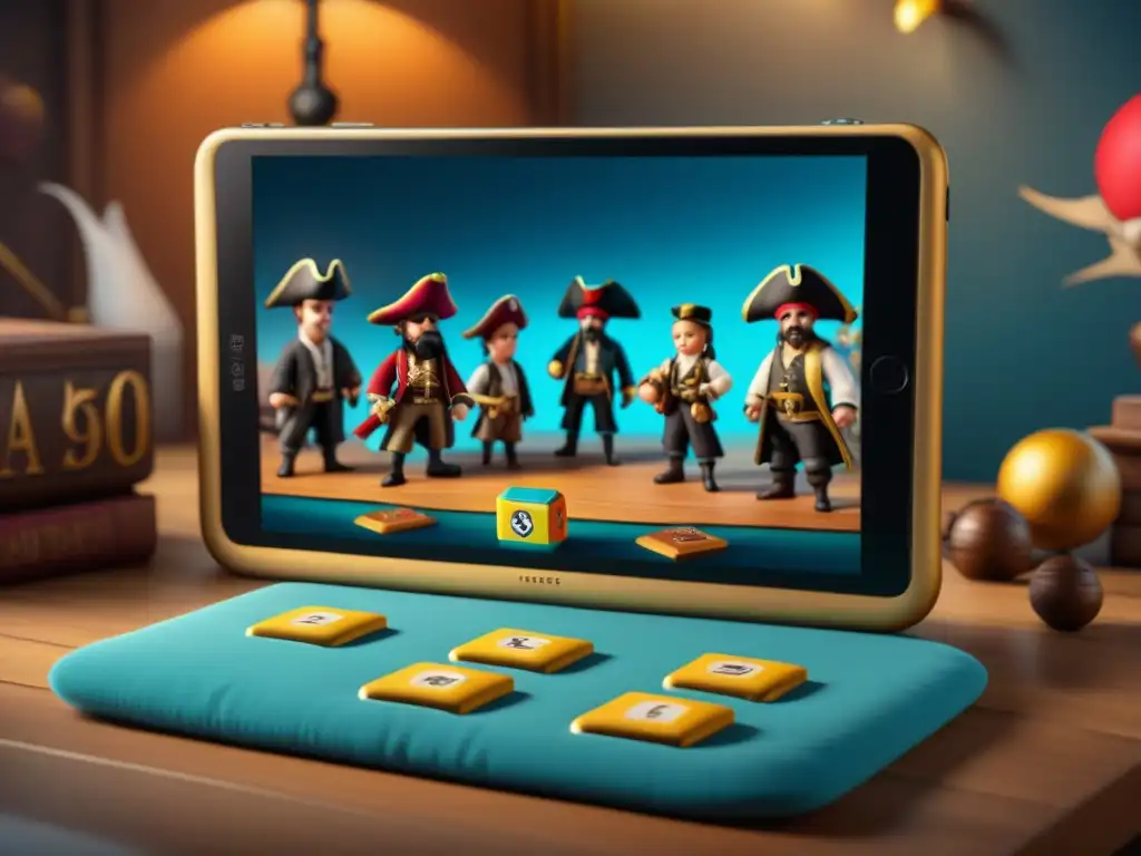 Grupo de niños disfrutando de Pirates! The Match3 estrategia en tablet, rodeados de juguetes piratas y libros educativos en una habitación iluminada