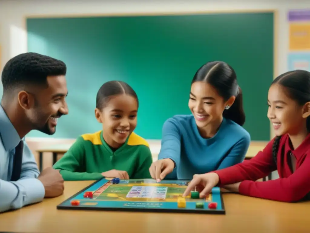 Grupo de niños de primaria concentrados en un juego de mesa educativo en aula luminosa