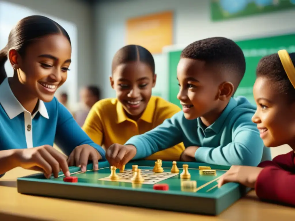 Un grupo de niños de primaria se divierten con juegos de mesa educativos en un aula iluminada