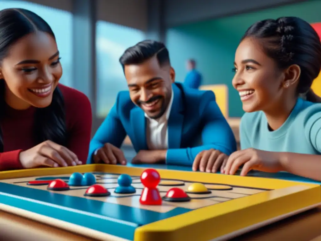 Un grupo de niños diversos sonrientes juegan a Connect 4 en un aula soleada, mostrando por qué Connect 4 sigue siendo educativo y divertido