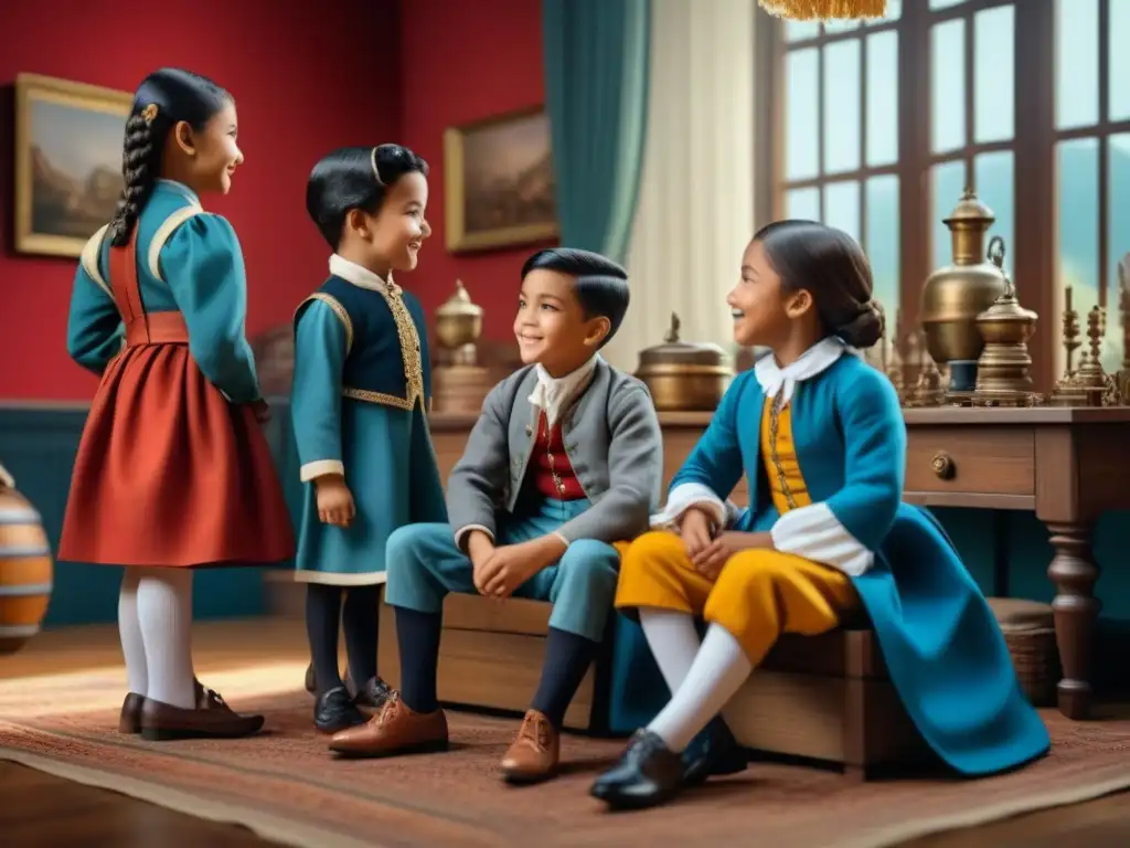 Un grupo de niños en trajes históricos juegan felices en un ambiente vibrante y educativo