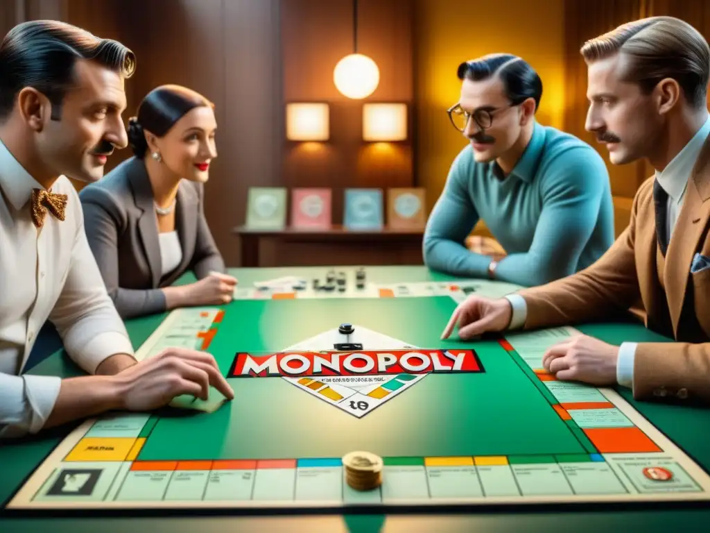Grupo de personas en los años 30 discutiendo la creación del juego Monopolio, rodeados de prototipos y dibujos