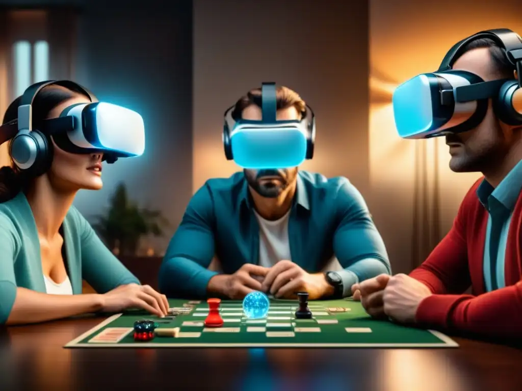 Un grupo de personas con auriculares de realidad virtual en una sala llena de juegos de mesa, mostrando emociones variadas