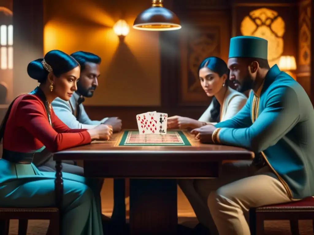 Partida de cartas en la penumbra: misterio y estrategia Un grupo de personas concentradas en un juego de cartas en una mesa iluminada tenue, rodeados de libros antiguos y artefactos