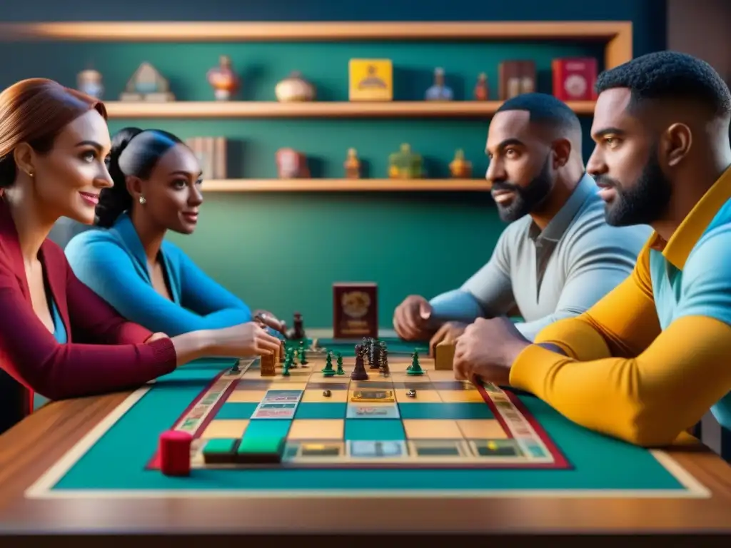 Un grupo de personas diversas juegan apasionadamente en un club de juegos de mesa, rodeados de estanterías llenas de juegos coloridos