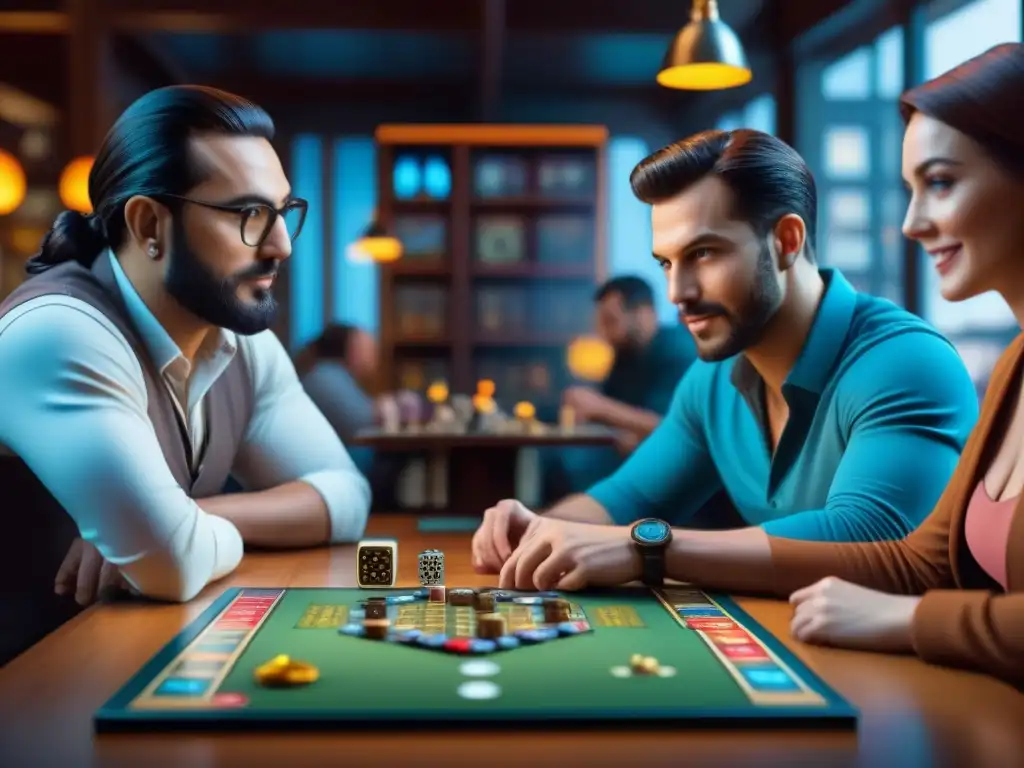 Diversión en café de juegos de mesa: emoción y concentración Grupo de personas diversas concentradas en un animado juego de mesa en una cafetería