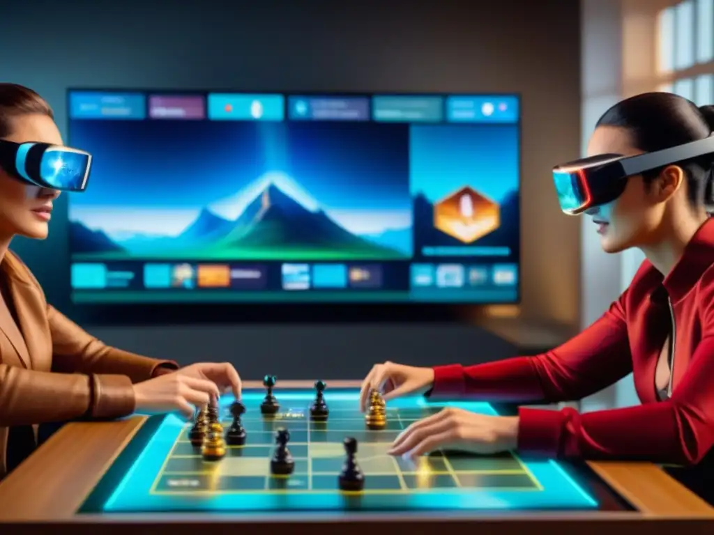 Un grupo de personas diversas usando gafas de realidad aumentada en una mesa de juego futurista con piezas holográficas