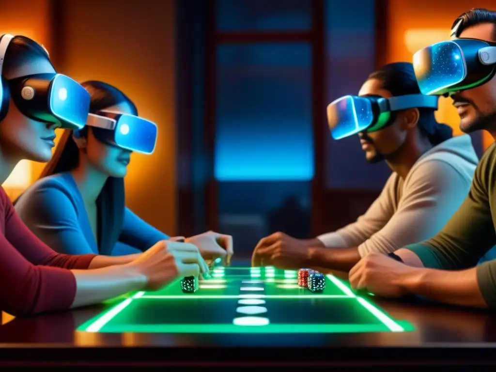 Un grupo de personas diversas disfrutando de un juego de mesa de realidad virtual con asombro y emoción en sus rostros