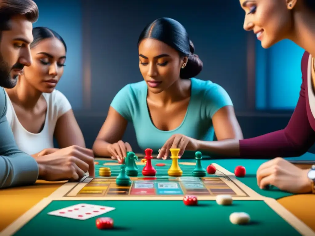 Juego de mesa: diversión, concentración y mindfulness Un grupo de personas diversas juega un juego de mesa con concentración, mientras una mujer practica mindfulness