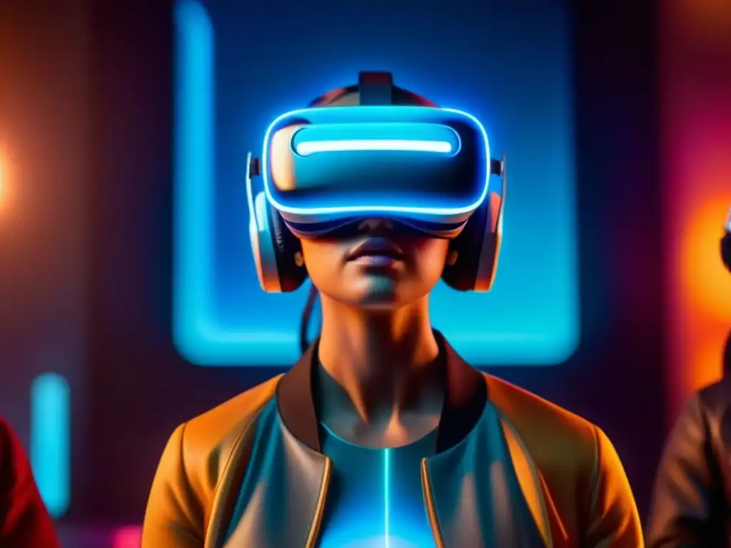 Grupo de personas diversas en Realidad Virtual juegos de mesa futurista, inmersos en un mundo virtual de asombro y concentración