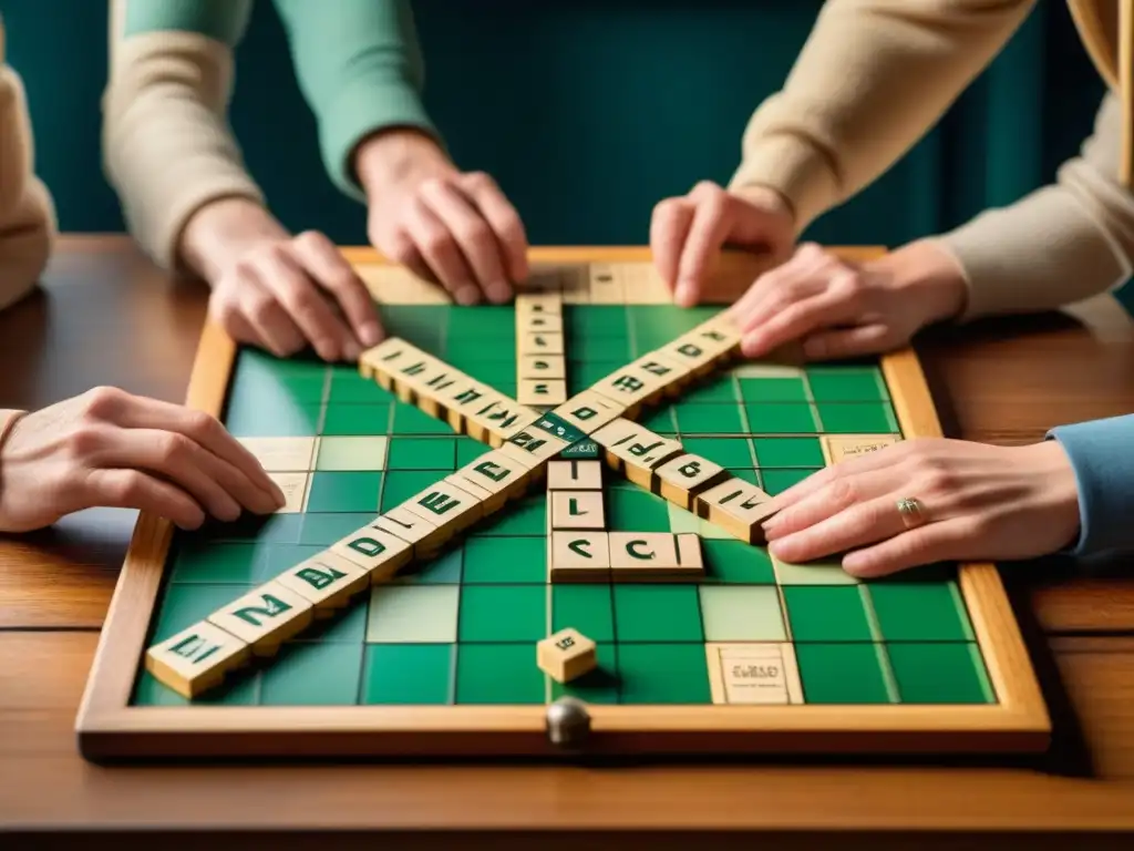 Grupo de personas de distintas edades y orígenes disfrutan de una partida de Scrabble en una mesa rústica iluminada