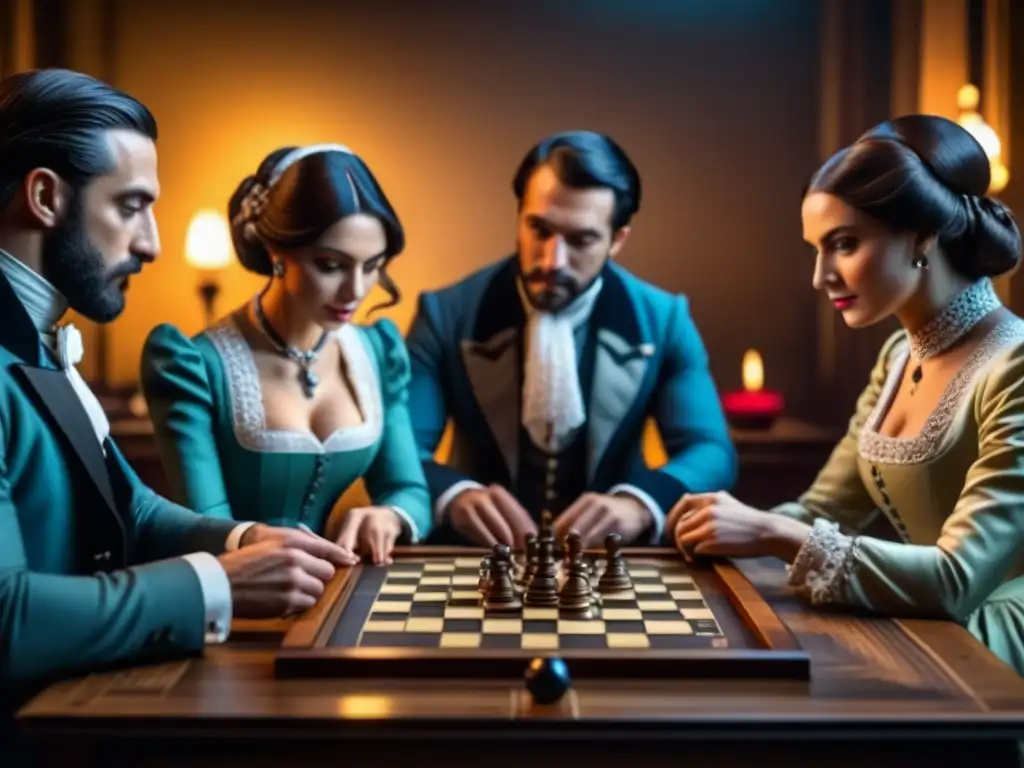 Grupo de personas en vestimenta victoriana jugando un intrincado juego de mesa en una habitación iluminada por velas