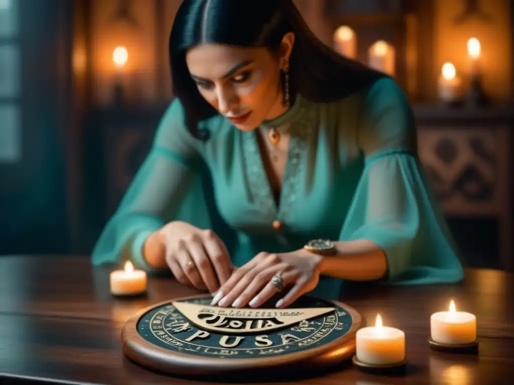 Un grupo tenso de personas juega al terrorífico juego de mesa ouija en una habitación sombría con velas titilantes