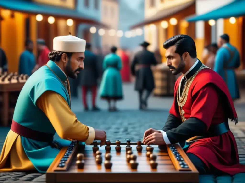 Grupo en trajes históricos juega antiguos juegos de mesa en plaza vibrante, evocando la evolución de los juegos a lo largo de la historia