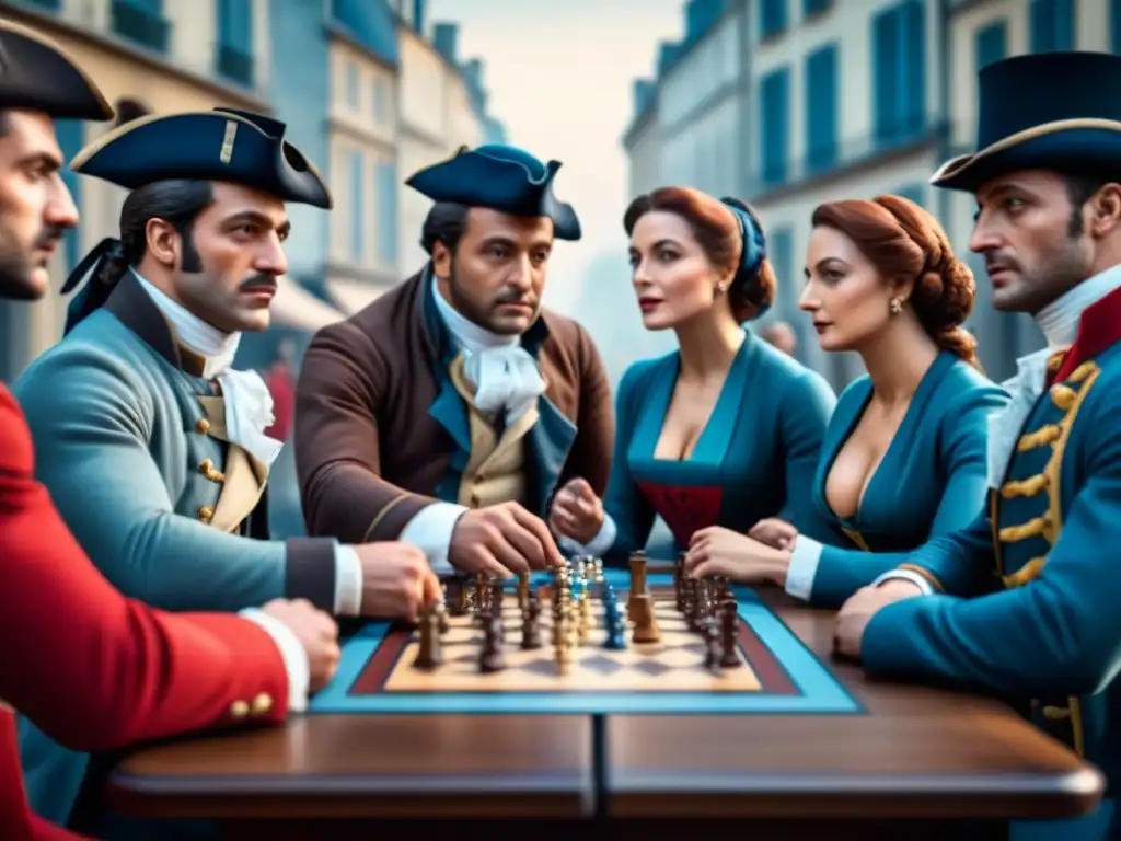 Grupo en trajes históricos juega un juego de mesa en París durante la Revolución Francesa