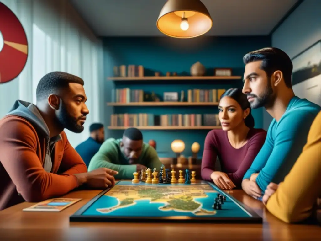 Juego de mesa: Unión y estrategia en la diversidad Grupo unido disfruta juego de mesa en sala acogedora, promoviendo paz y colaboración