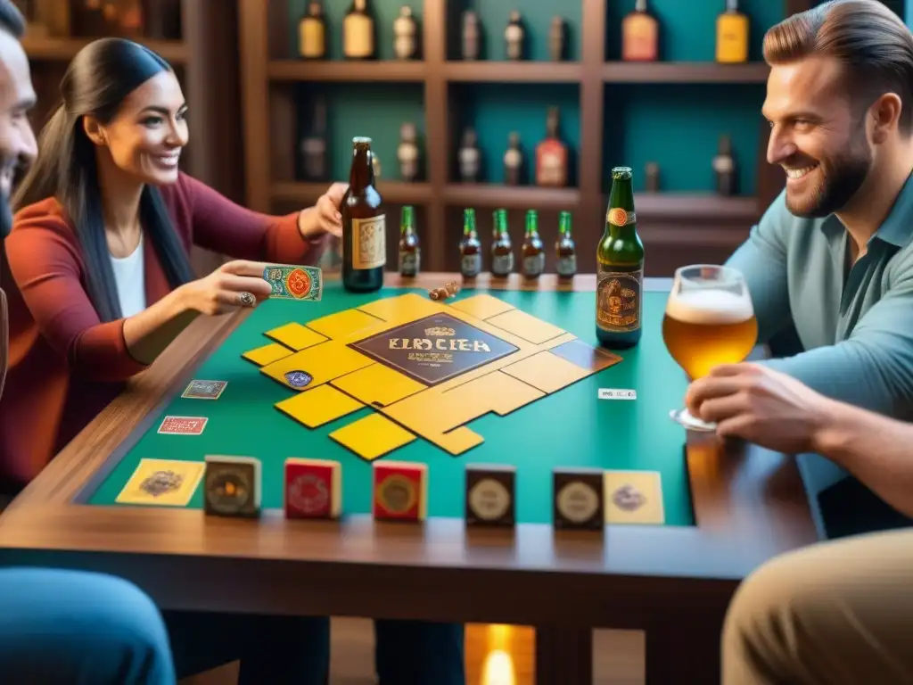 Grupo unido disfrutando de juegos de mesa estratégicos y cervezas artesanales, en ambiente acogedor y divertido