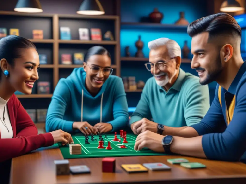 Grupo variado lidera club juegos mesa local en tienda acogedora, inmersos en juego de mesa rodeados de diversión