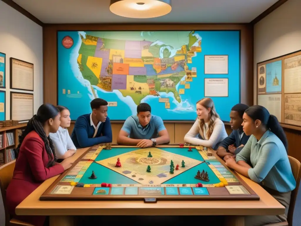 Grupo variado de estudiantes jugando un juego de mesa histórico en una habitación educativa