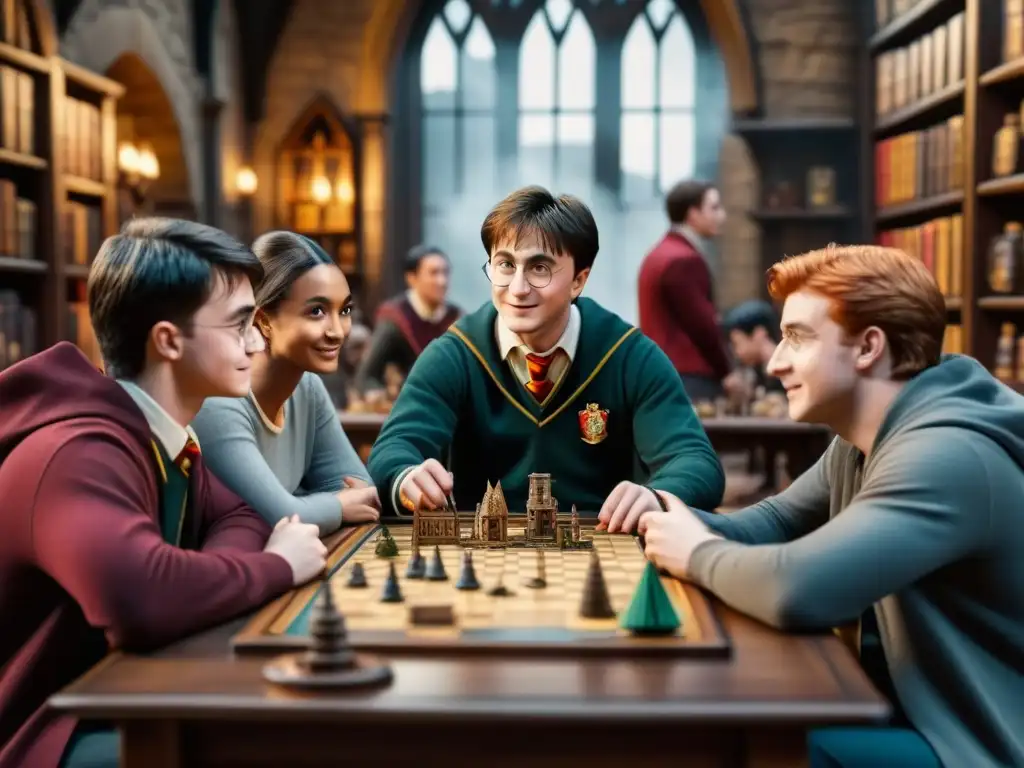 Un grupo variado de fans de Harry Potter juega emocionado Hogwarts Battle, rodeados de memorabilia en una mesa