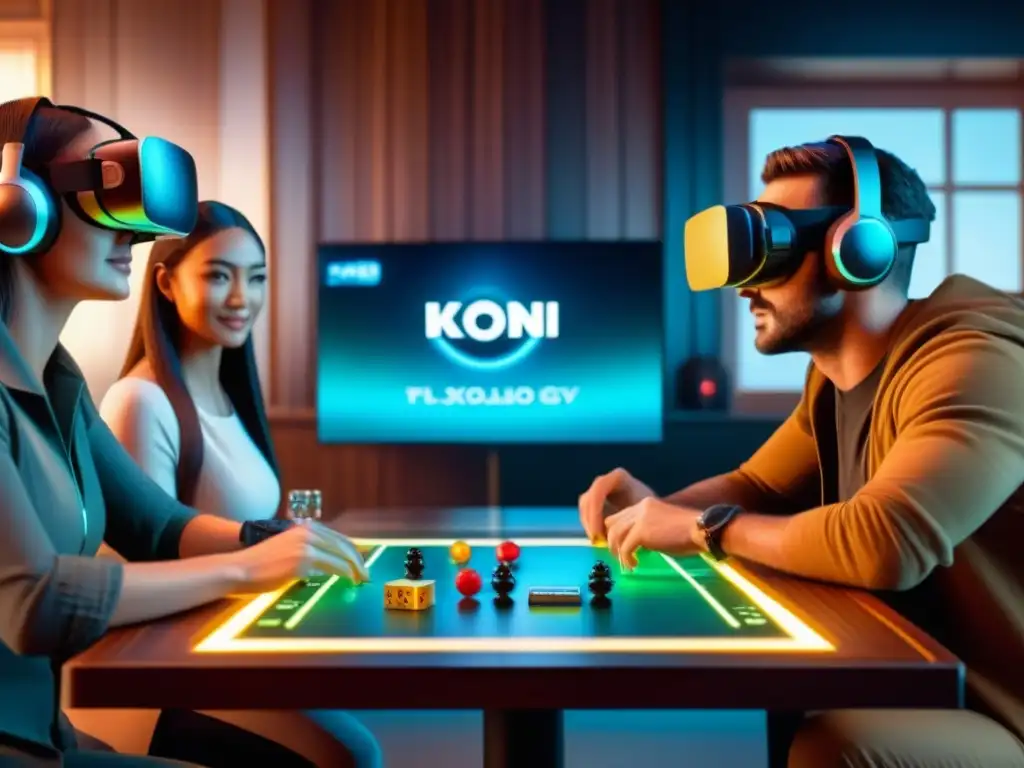 Grupo variado inmerso en juego de mesa futurista en realidad virtual, piezas holográficas flotan