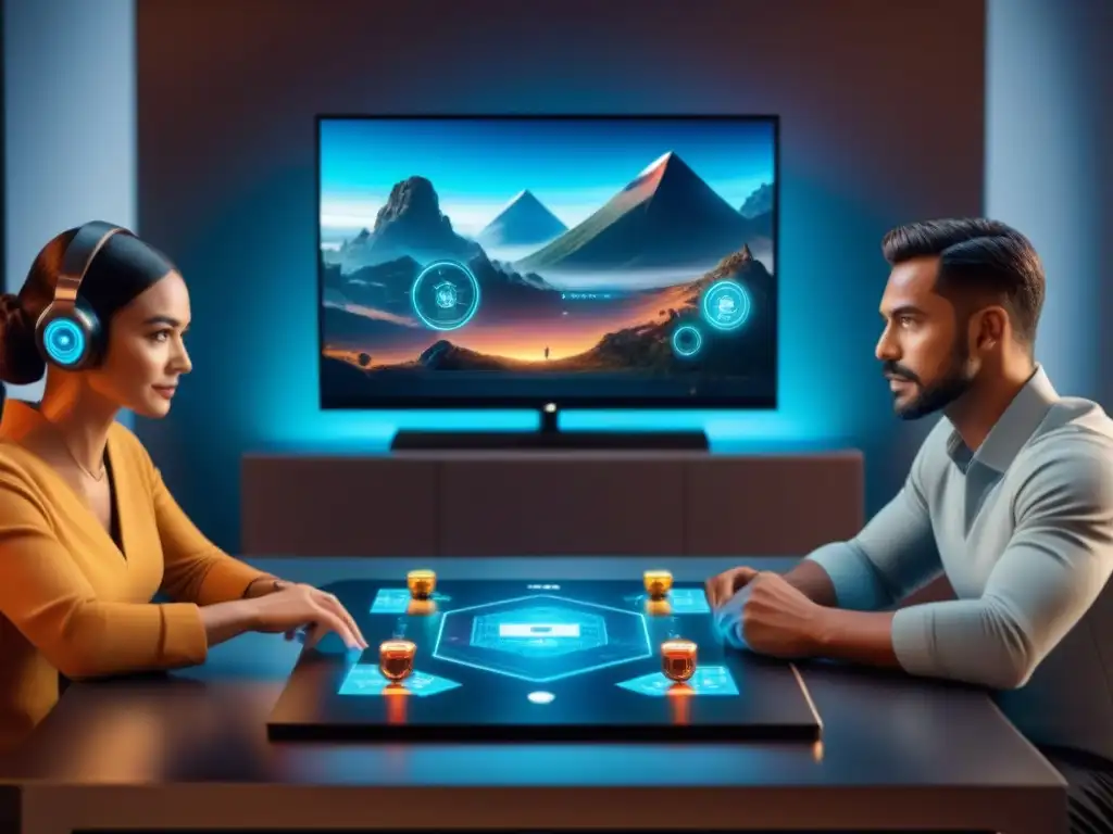 Grupo variado disfruta de un juego de mesa con IA en ambiente moderno y tecnológico