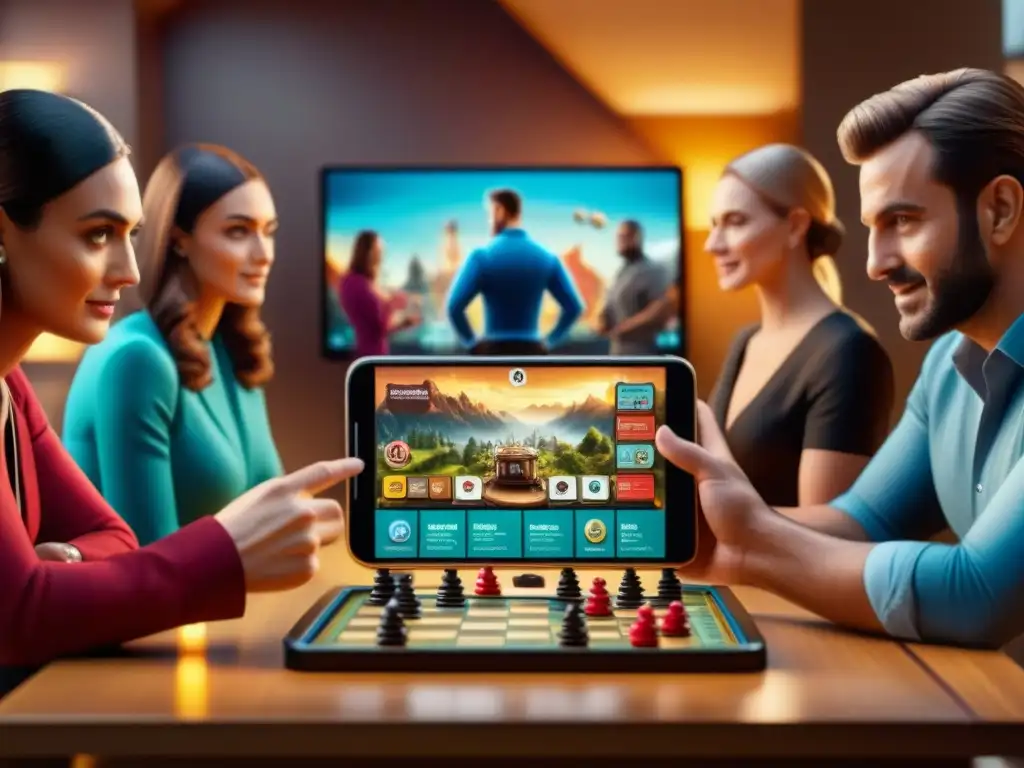 Juego estratégico en dispositivo móvil: diversión educativa Un grupo variado disfruta un juego de mesa móvil en una sala acogedora