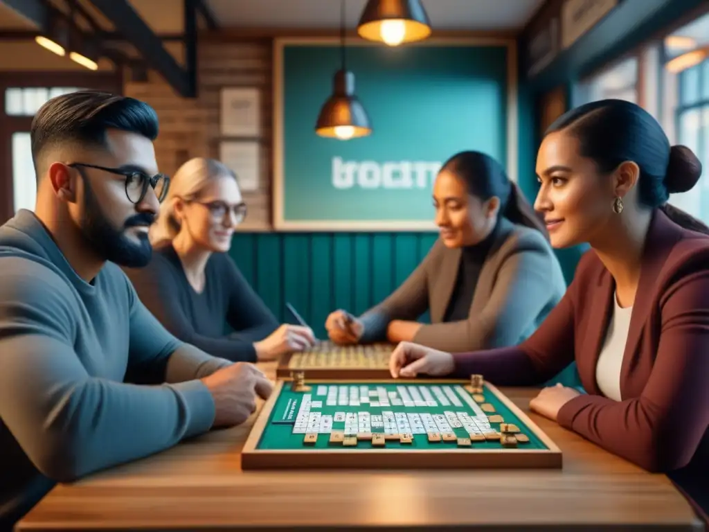 Un grupo variado de jugadores concentrados en una partida intensa de Scrabble en un acogedor café iluminado