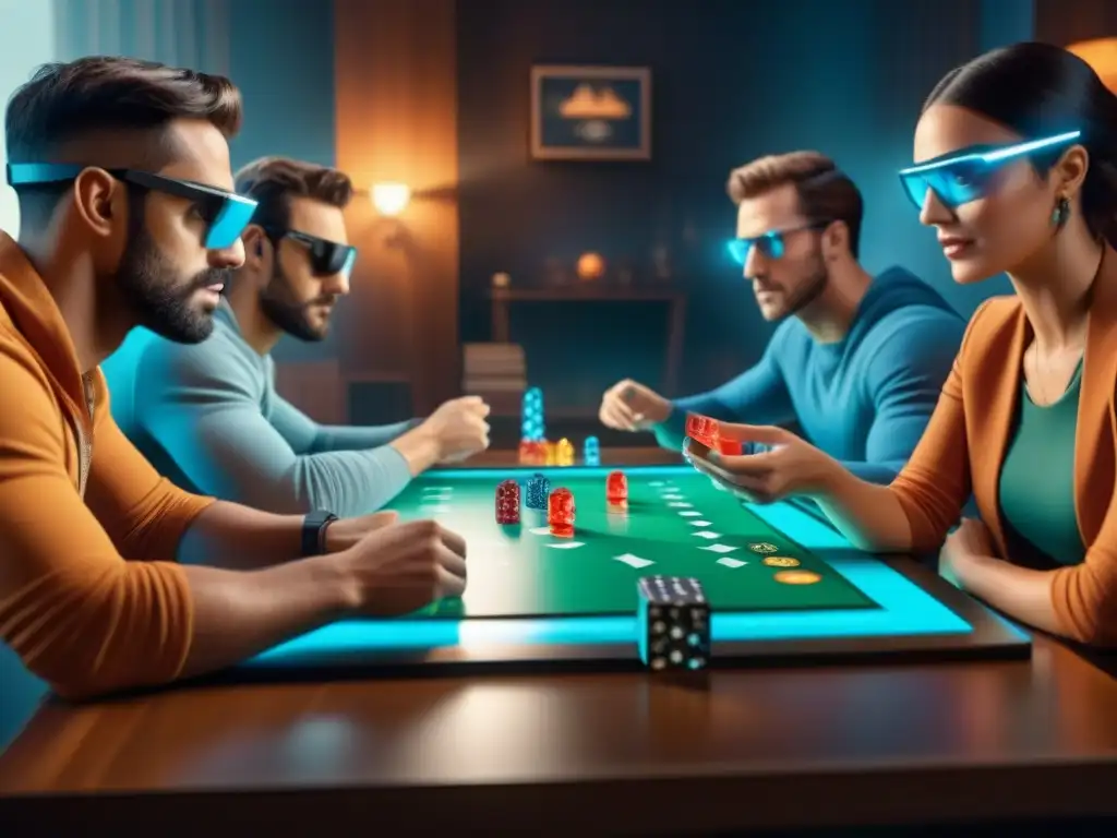 Grupo variado de jugadores con gafas de realidad aumentada, inmersos en un emocionante juego de mesa futurista