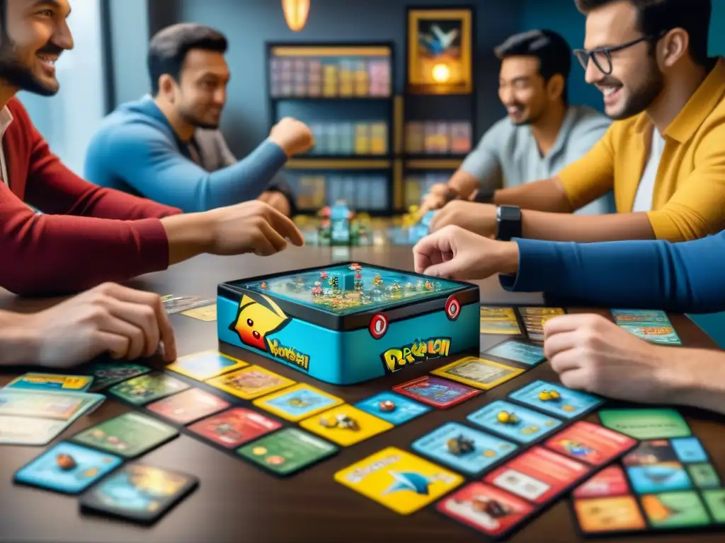 Un grupo variado de jugadores se concentra en un intenso juego de mesa Pokémon, estrategias y diversión en cada gesto