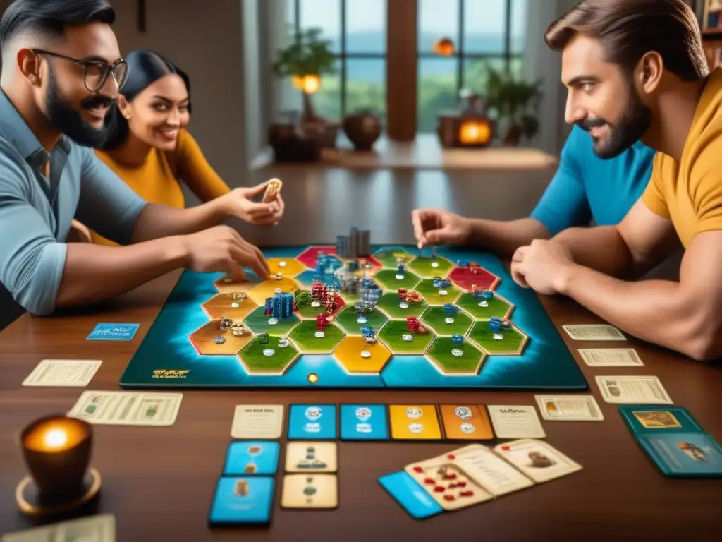 Un grupo variado de jugadores disfruta del juego Settlers of Catan, mostrando concentración y camaradería