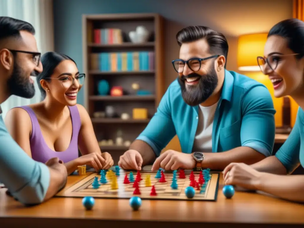 Grupo variado de jugadores de juegos de mesa inmersos en una partida, mostrando motivaciones y camaradería