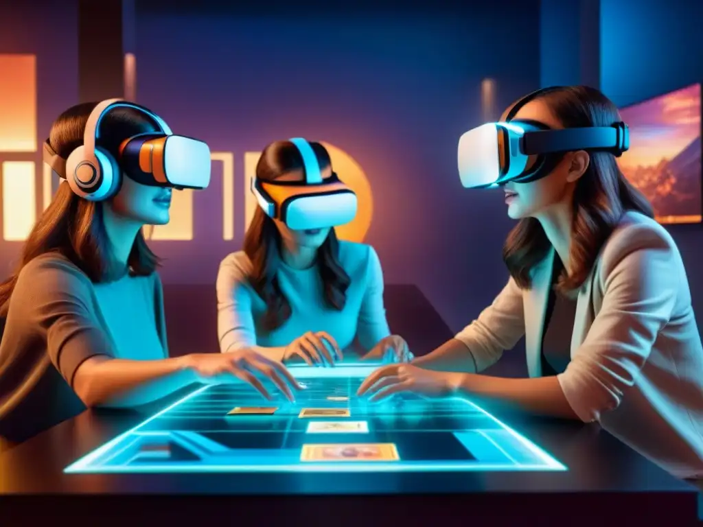 Un grupo variado de jugadores en Realidad Virtual en juegos de mesa, explorando un mundo fantástico lleno de sorpresas y emoción