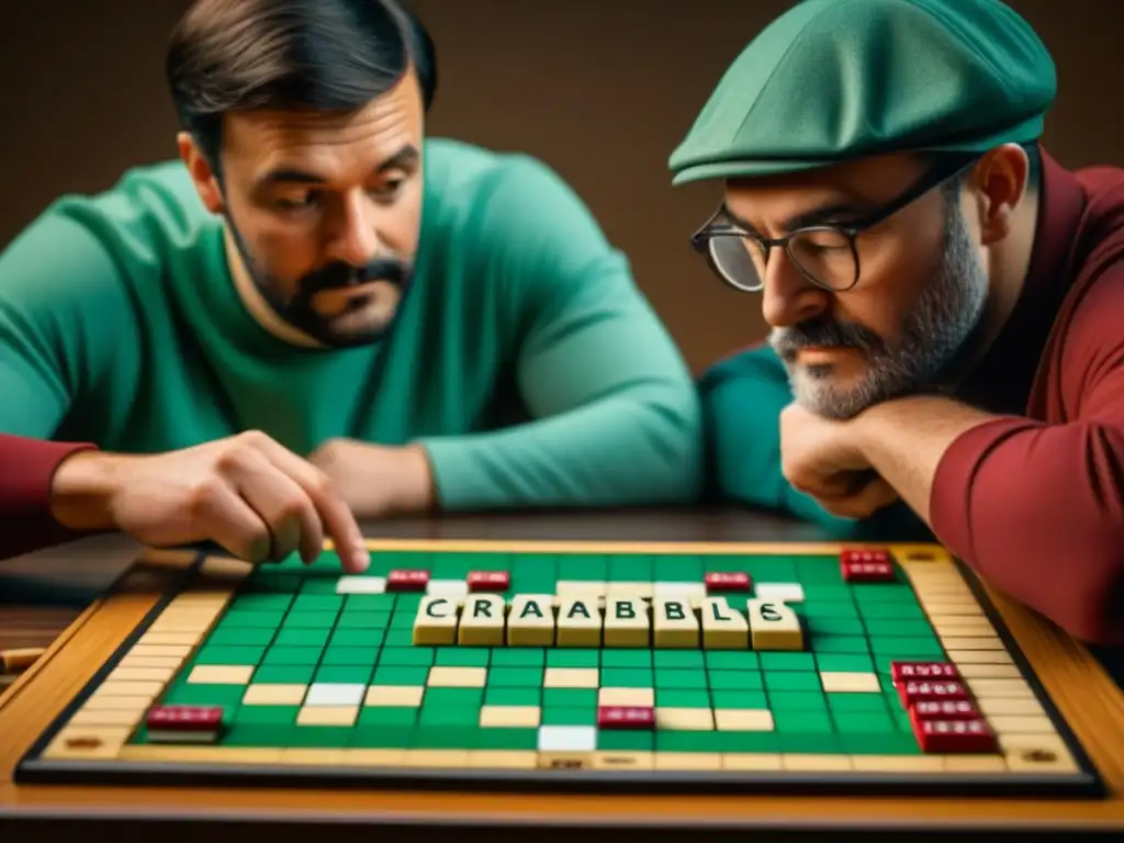 Grupo variado de jugadores de Scrabble concentrados y apasionados, rodean un tablero vintage