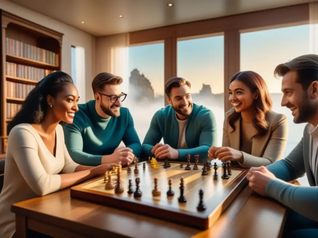 Un grupo variado de personas examina con emoción juegos de mesa de segunda mano en una habitación acogedora llena de tesoros