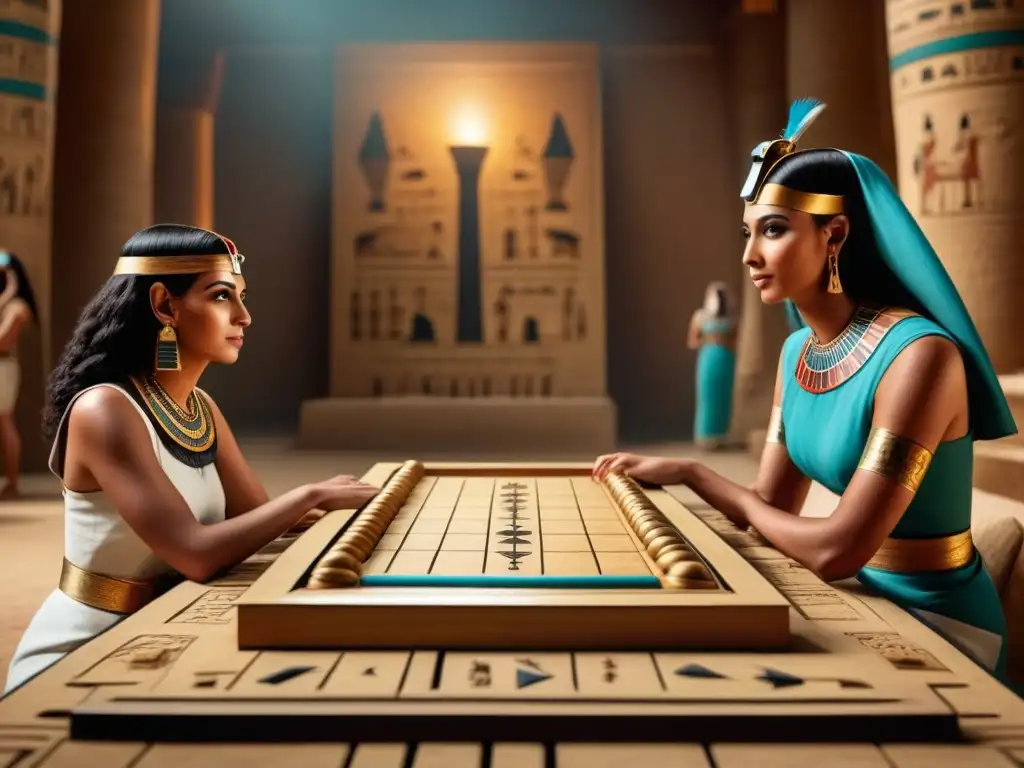 Un grupo vestido al estilo egipcio antiguo juega emocionado Juegos de mesa del Antiguo Egipto en un patio decorado con jeroglíficos