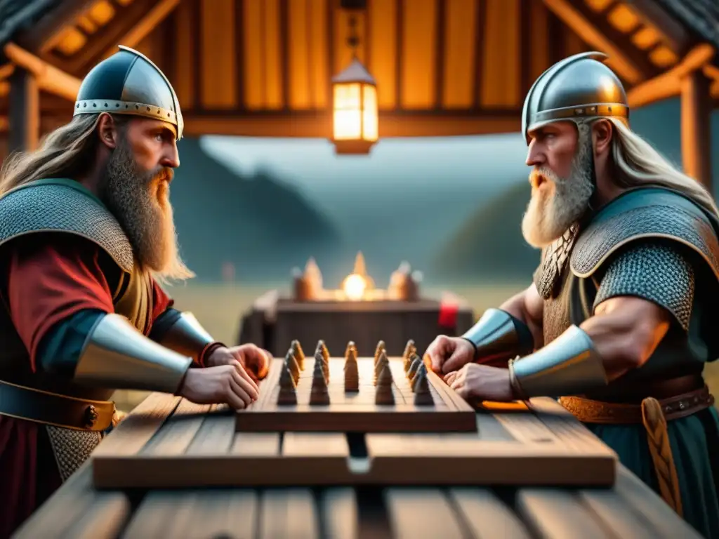 Grupo de vikingos concentrados en el Juego de mesa vikingo Hnefatafl en una cálida longhouse iluminada por antorchas