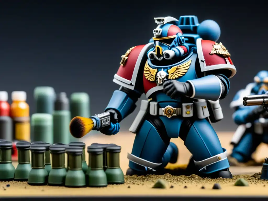 Un hábil jugador de Warhammer 40k pintando minuciosamente miniaturas de Space Marines, destacando las mejores tácticas de Warhammer 40k