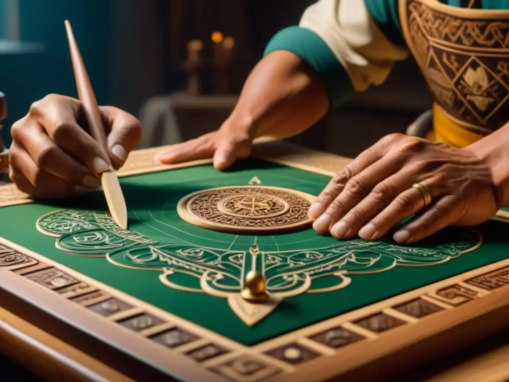 Las habilidosas manos de un artesano tallando diseños en un tablero de juego de madera, en un taller con poca luz
