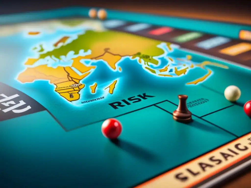 Explora la historia de Risk juego mesa, con un mapa detallado y piezas estratégicas en regiones clave, evocando nostalgia y emoción