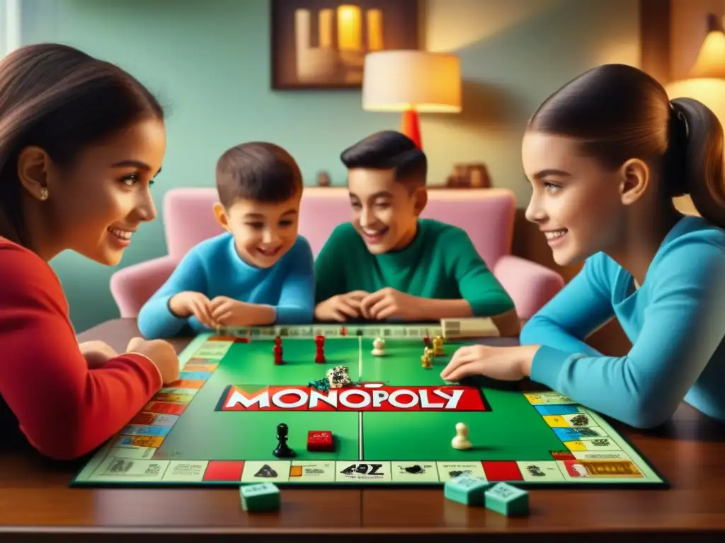 Un hogar acogedor con niños disfrutando de juegos de mesa clásicos como Monopoly y Scrabble