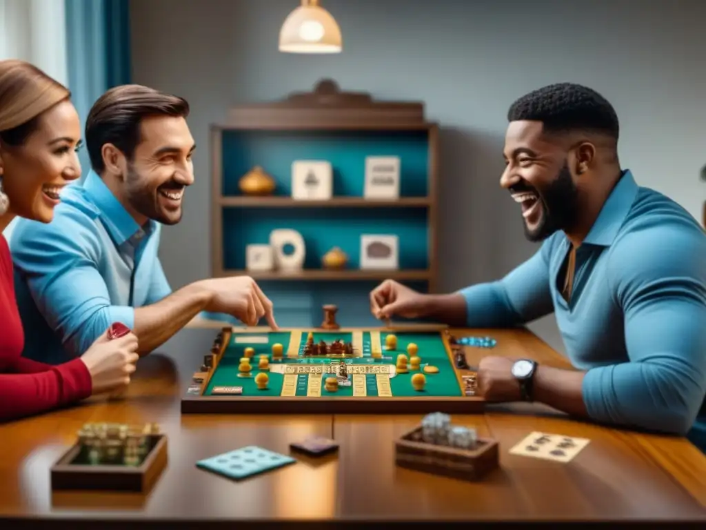Incorporar humor en juegos de mesa: Personas diversas disfrutan juntas un juego de mesa en un ambiente acogedor y alegre