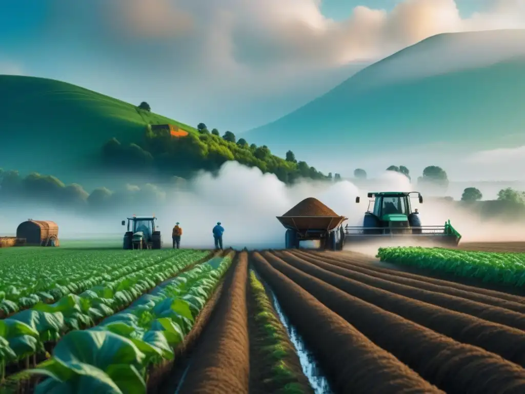 Una ilustración detallada y vibrante de agricultores diversos trabajando juntos en un campo fértil, optimizando estrategias agrícolas en armonía con la naturaleza