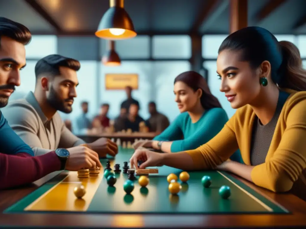 Una imagen de alta resolución estilo documental de un grupo de personas diversas concentradas en juegos de mesa en una acogedora cafetería