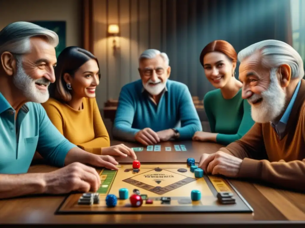 Una imagen cálida y acogedora de diversidad etaria en juegos de mesa, uniendo generaciones alrededor de una mesa de juego